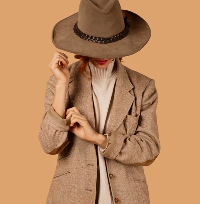 Fashion model in brown suit